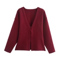 Detailed view of dark red knit cardigan showing fine texture and V-neckline finish - S / Wine Red Top
