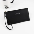 Minimalist black leather long clutch wallet with zip closure and wrist strap - Black
