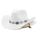 Chapeau de cowboy blanc en paille tissée avec ceinture en métal argenté et mentonnière - M(56-58cm) / Blanc pur