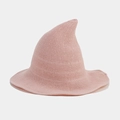 Detail of pink knitted witch hat showing high-quality fine knit texture and pointed top - M (56-58cm) / Pink