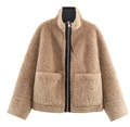 Detail of camel shearling fleece jacket featuring a metal zipper and stand-up collar - XS / Khaki