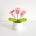 Handmade crochet pink lily of the valley in white ceramic pot, knitted floral home decor - 3-Head Lily of the Valley Pink