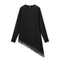 Top negro de manga larga para mujer con dobladillo de encaje asimétrico y acabado satinado - XS / Negro