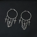Silver hoop earrings with dangling cross star and chunky chain on black background - Silver Hoop Cross Star