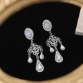 Baroque silver tassel earrings with white oval stone and crystal droplets detail - Vintage Hollow Baroque Pendant