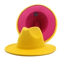 Classic two-tone yellow and pink wool felt fedora jazz hat with wide flat brim - M (56-58cm) / Yellow Outer Pink Inner