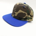Flat brim hip hop baseball cap featuring forest camouflage crown and vibrant blue visor - One Size / Camo + Royal Blue