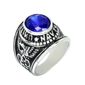 Vintage silver stainless steel US Navy ring with large blue faceted stone and eagle emblem - US 7 / Silver with Blue Zirconia