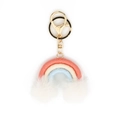 Boho rainbow keychain with pink, beige, and light blue woven cotton and white pom poms - White