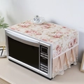 Linen microwave dust cover with pink rose floral pattern and delicate lace trim details - Beige Pink Rose