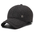 Mens winter warm baseball cap in dark grey tweed with ear flaps and metal B detail - Adjustable / Gray