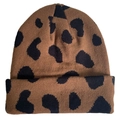 Detailed view of brown leopard print knit beanie with thick yarn texture and patterns - Leopard Print - Brown