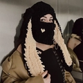Handmade black knitted bunny ear balaclava with beige ears and metal chain detail - Black Brown Ears