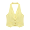 Bright yellow halter neck waistcoat top featuring three buttons and faux pockets - XS / Yellow Top