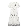 Weiβes Kleid mit Puffärmeln, schwarzer Blumenstickerei und V-Ausschnitt mit Schleife - XS / Weiß