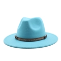 Sky blue wool felt fedora featuring an ethnic geometric band and metal ring detail - Lake Blue