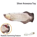 Interactive silver dragon fish toy with USB charging cable and realistic swinging tail - Enhanced Rechargeable 350mAh / Silver Arowana (Without Catnip)