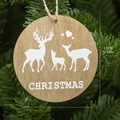 12cm wooden Christmas ornament with white reindeer family and jute rope on tree - Round Reindeer Painted Wood Tag