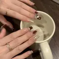 Long burgundy and white press-on nails with 3D heart diamond crystals and glitter - Glue Type / Wine Red Heart Style (D-113)