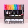 Lot de 12 feutres contours à double ligne en boîte transparente pour dessin créatif - Set de 12 Couleurs Marqueurs de Contour Corps Noir (Sans Boîte Intérieure)