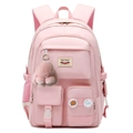Pink multi-functional school backpack for girls with rabbit plush toy and decorative badges - With Pink Rabbit Charm / Pink