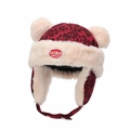 Winter leopard print baby hat with plush lining and beige faux fur pom-poms on top - Dark Red BACKNOW Tag Style (Dark Red C)