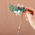 Green vintage cloisonné hair clip with elegant pearls and long hanging tassels - F0354 Style 2