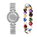 Detail of luxury rhinestone women's watch and colorful ink pattern beaded bracelet - Silver Watch + Bracelet