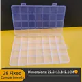45-Grad-Ansicht einer offenen Aufbewahrungsbox aus klarem PP mit 28 Fächern - Feststehende 28 Gitter / Transparent