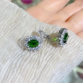 Elegant emerald green oval zircon clip-on earrings with halo petal setting for women - Clip-On Earrings / Green