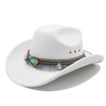 Detail of white wide-brim cowboy hat with bohemian tassel and turquoise stone band - M (56-58cm) / White