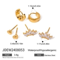 Three pairs of gold stainless steel hoop earrings and heart crown zircon studs set - Gold Hoop Heart Crown Zirconia Earring Set (JDEW2408053)