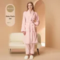 Women's coral fleece pajama set in almond color with long robe and matching trousers - Almond Color Female Set