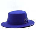Royal blue flat top wool felt hat with silver safety pins and metal rings streetwear style - M(56-58cm) / Sapphire Blue