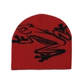 Detail of red knit beanie featuring black frog jacquard pattern and soft texture - Red