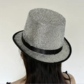 Sparkly silver sequins top hat for stage performance featuring a black ribbon band - L(Circumference 58cm-Height 13cm) / Dark Silver-Black Ribbon