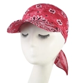Detail view of red paisley bandanna hat with lightweight fabric and baseball cap brim - L / Red