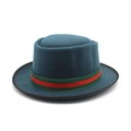 Detail of wool pork pie hat in dark teal with red and green striped ribbon trim - M (56-58cm) / Teal