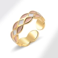 Anillo vintage dorado ajustable con patrones de trébol en esmalte rosa y blanco - Rejilla de Rombos Rosa (AJ753)