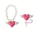 Pink heart wing charm with white faux pearl bead bracelet accessory for tumblers - Set-Pink Combo
