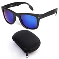 Foldable square sunglasses with blue mirrored lenses and a black textured zipper case - Black Frame Blue Mirror Lens