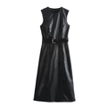 Sleeveless black faux leather midi dress with a round neck and square buckle waist belt - XS / Black