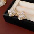 Golden clover earrings with pearls and zircons in a vintage jewelry display box - 12# Silver Earring Post Zirconia Flower Pearl Studs (Real Gold Plated)
