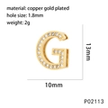 Detail of gold letter G pendant with white zircon inlay showing dimensions and 1.8mm hole - Letter G