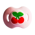 Pink silicone baby pacifier with a cherry pattern and breathable curved shield design - Cherry Pacifier / Pink