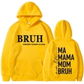 Sweat à capuche jaune pour femme avec imprimé MOM BRUH vu de face et de dos - S / Hauts / Jaune