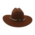 Dark brown wool felt cowboy hat with wide brim and vintage metal shield buckle strap - Coffee
