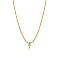 Gold snake chain necklace with a small sparkling crystal cross pendant in a studio shot - Letter T
