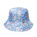 Close-up of vibrant tie-dye swirl bucket hat with detailed stitching on white background - Blue