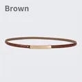 Slim brown leather belt for women featuring a gold rectangular buckle and fine stitching - 105cm / Brown